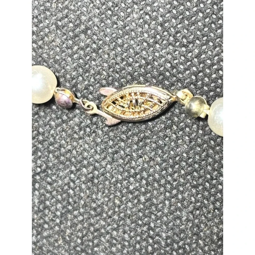 Vintage Filigree Clasp Hand Knotted Cream Faux Pearl Strand Necklace Gold Tone